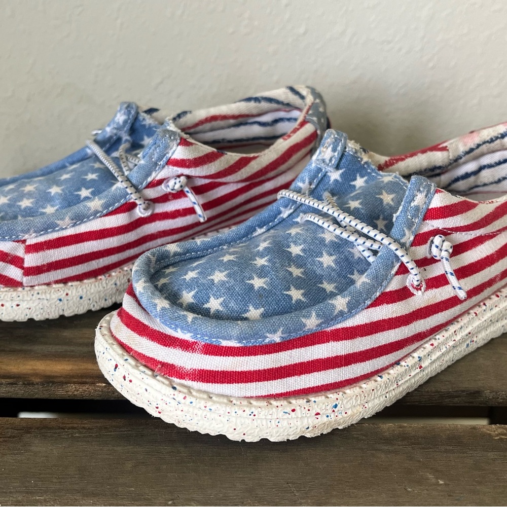 Hey Dude Kids Shoes in Red, White, and Blue